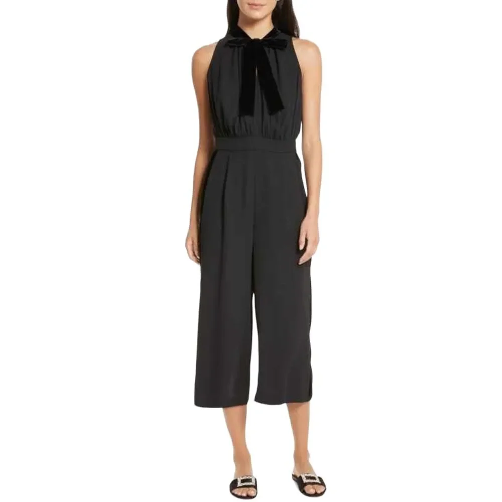 NWT Kate Spade Black Mixed Velvet Cropped Jumpsuit